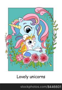 Cute mom unicorn and baby. Vector colorful cartoon illustration isolated on white background. For coloring book, education, print, game, decor, puzzle, design. Cute mom unicorn and baby color illustration