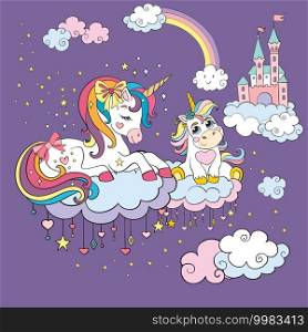 Cute mommy and baby unicorns dreaming in twilight cloudy sky. Vector colorful illustration. For party, print, baby shower, wallpaper, design, decor,design cushion, linen,dishes. Colorful vector illustration cute mommy and baby unicorns in sky
