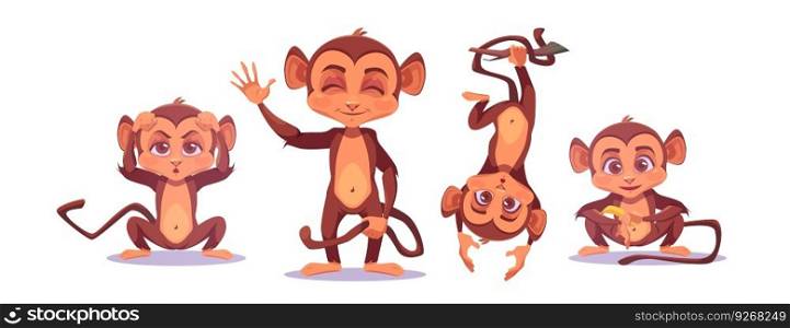 Cute monkey baby cartoon animal vector character. Isolated funny jungle animal with smile on face and tail on white background. Playful family from zoo clipart set. Adorable wild safari active family. Monkey baby cartoon cute animal vector character