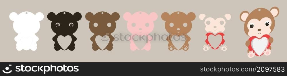 Cute monkey candy ornament. Layered paper decoration treat holder for dome. Hanger for sweets, candy for birthday, baby shower, valentine days. Print, cut out, glue. Vector stock illustration