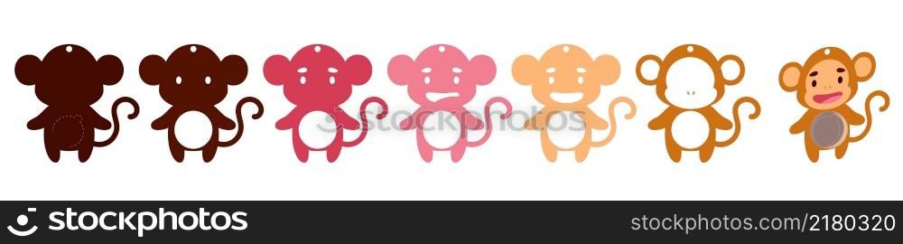 Cute monkey candy ornament. Layered paper decoration treat holder for dome. Hanger for sweets, candy for birthday, baby shower, halloween, christmas. Print, cut out, glue. Vector stock illustration