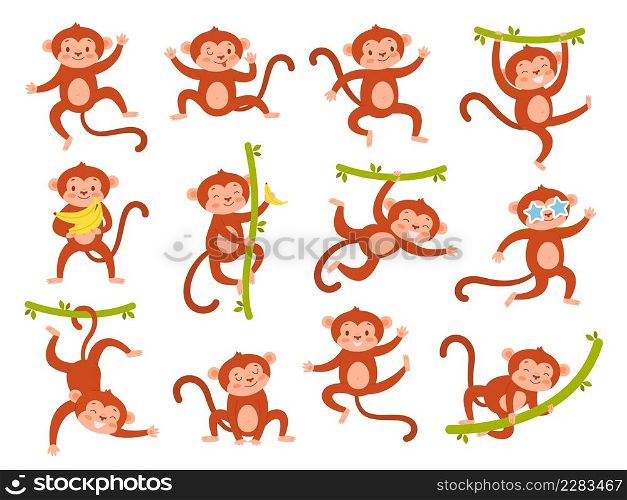 Cute monkey character. Funny jungle baby animal mascot in different poses, various emotion, exotic tropical playing mammal, ape hanging on vines hold bananas, cartoon wildlife, vector isolated set. Cute monkey character. Funny jungle baby animal mascot in different poses, various emotion, exotic tropical playing mammal, ape hanging on vines hold bananas, cartoon wildlife vector set