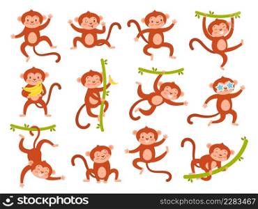 Cute monkey character. Funny jungle baby animal mascot in different poses, various emotion, exotic tropical playing mammal, ape hanging on vines hold bananas, cartoon wildlife, vector isolated set. Cute monkey character. Funny jungle baby animal mascot in different poses, various emotion, exotic tropical playing mammal, ape hanging on vines hold bananas, cartoon wildlife vector set