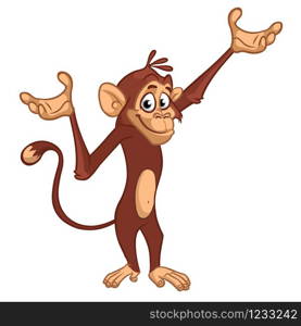 Cute Monkey Chimpanzee Flat Bright Color Simplified Vector Illustration In Fun Cartoon Style Design. Vector drawing of a monkey outlined