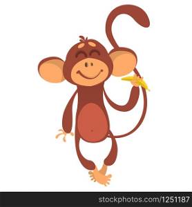Cute monkey chimpanzee in fun cartoon style holding banana. Vector illustration