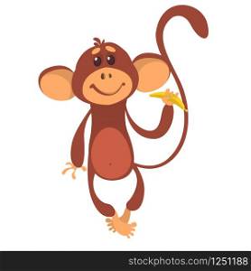 Cute monkey chimpanzee in fun cartoon style holding banana. Vector illustration