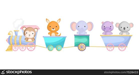 Cute monkey, hippo, elephant, kangaroo and koala ride on train. Graphic element for childrens book, album, postcard or mobile game. Zoo theme. Flat vector illustration isolated on white background.