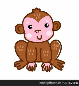 Cute monkey on white background. Vector illustration for  kid. Sticker. African animal.
