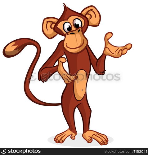 Cute monkey presenting and pointing hand. Vector Cartoon character on a white background