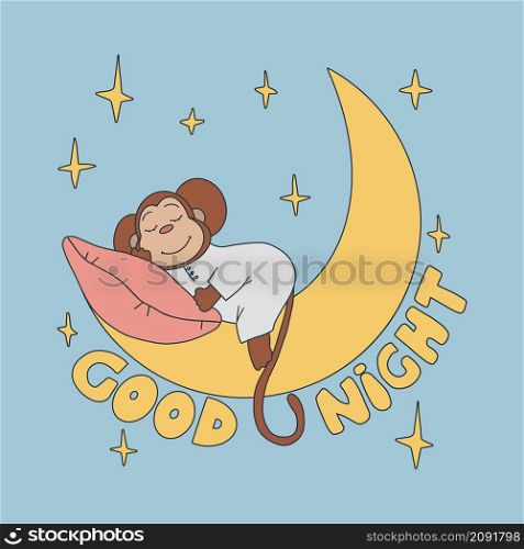 Cute monkey sleeping on the moon, vector hand drawn illustration. Perfect for kids room, poster, t-shirt print, greeting card.. Cute monkey sleeping on the moon, vector hand drawn illustration.