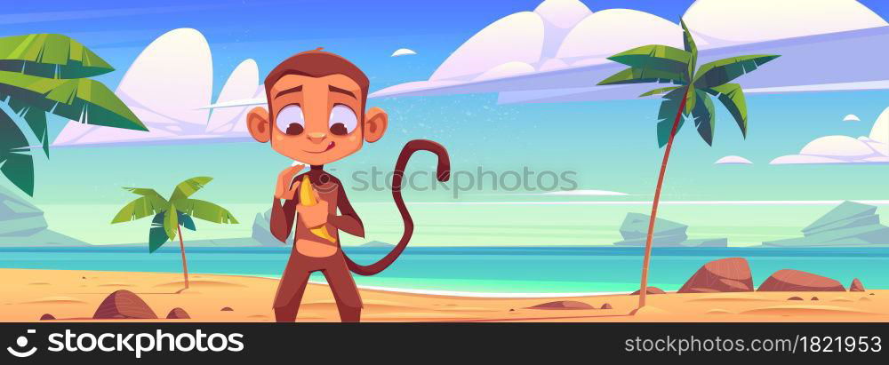 Cute monkey with banana on sea beach with palm trees. Vector cartoon illustration of summer landscape of tropical island with sand ocean shore, stones and funny ape. Monkey with banana on sea beach with palm trees