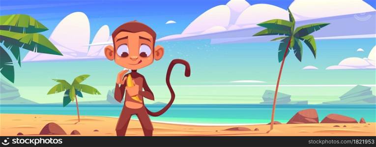 Cute monkey with banana on sea beach with palm trees. Vector cartoon illustration of summer landscape of tropical island with sand ocean shore, stones and funny ape. Monkey with banana on sea beach with palm trees