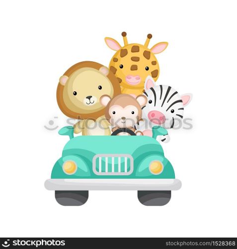 Cute monkey, zebra, giraffe and lion travel in car. Graphic element for childrens book, album, scrapbook, postcard or mobile game. Zoo theme. Flat vector illustration isolated on white background.