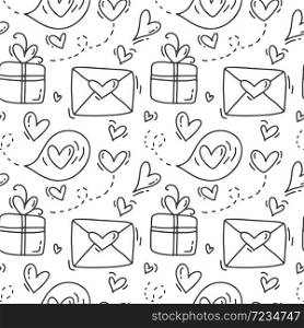 Cute monoline hand drawn heart seamless vector pattern with envelopes and gift boxes. Valentine poster. different heart elements. Wedding background.. Cute monoline hand drawn heart seamless vector pattern with envelopes and gift boxes. Valentine poster. different heart elements. Wedding background