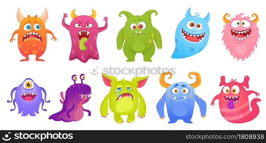 Cute monster characters smiling, funny aliens and creatures. Cartoon goblin, ghost, alien. Scary monsters with silly faces vector set. Fantasy comic beasts with different expressions. Cute monster characters smiling, funny aliens and creatures. Cartoon goblin, ghost, alien. Scary monsters with silly faces vector set