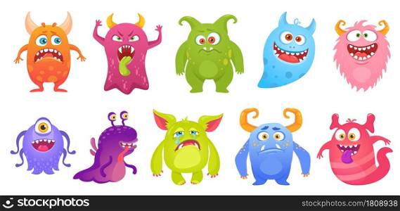 Cute monster characters smiling, funny aliens and creatures. Cartoon goblin, ghost, alien. Scary monsters with silly faces vector set. Fantasy comic beasts with different expressions. Cute monster characters smiling, funny aliens and creatures. Cartoon goblin, ghost, alien. Scary monsters with silly faces vector set