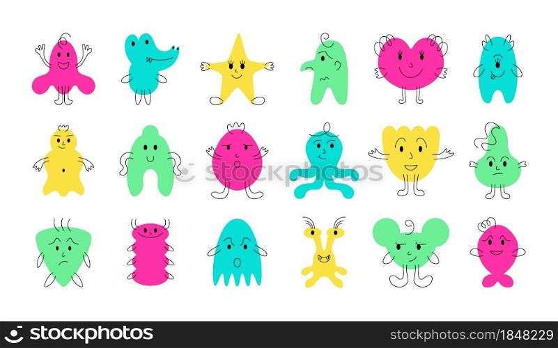 Cute monster faces. Funny and scary cartoon minimalistic monsters with cheerful face emotions. Vector isolated set illustration cartoon monsters comics. Cute monster faces. Funny and scary cartoon minimalistic monsters with cheerful face emotions. Vector isolated set