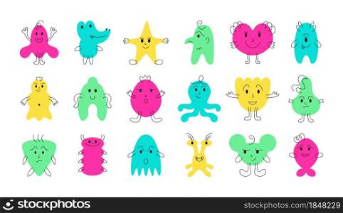 Cute monster faces. Funny and scary cartoon minimalistic monsters with cheerful face emotions. Vector isolated set illustration cartoon monsters comics. Cute monster faces. Funny and scary cartoon minimalistic monsters with cheerful face emotions. Vector isolated set