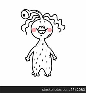 Cute monster girl. Vector doodle illustration for child. Contour drawing in hand drawn style. Coloring book.