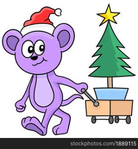 cute monster is carrying pine tree for Christmas decoration. cartoon illustration sticker emoticon