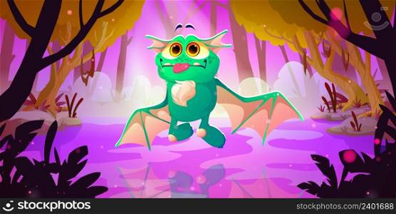 Cute monster on alien or fantasy planet landscape. Cartoon funny character, strange animal, dragon or frog with green skin and wings, Halloween spooky creature with big eyes, Vector illustration. Cartoon funny character, strange animal, dragon