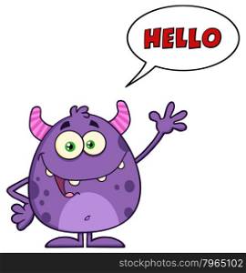 Cute Monster Waving With Speech Bubble And Text