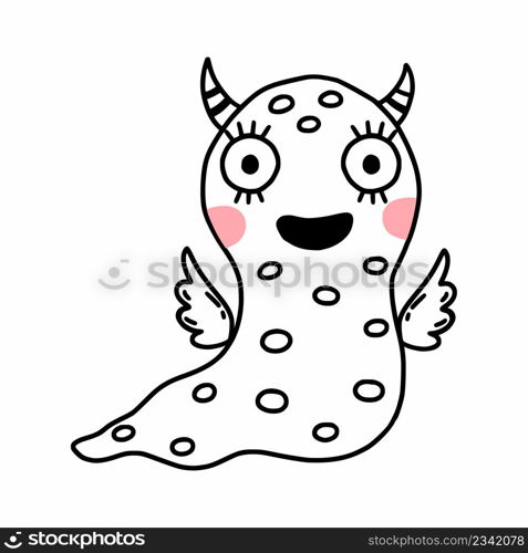 Cute monster with smile and wings. Funny snail. Vector doodle illustration for child. Contour drawing in hand drawn style.