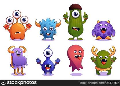 Cute monsters. Cartoon colorful fairy creature with funny eyes and mouth, alien animal mascot characters in flat style. Vector colorful set of animal creature funny illustration. Cute monsters. Cartoon colorful fairy creature with funny eyes and mouth, alien animal mascot characters in flat style. Vector colorful set