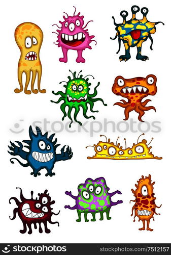 Cute monsters, demons, beasts and mutants in cartoon style, with googly eyes. For Halloween holiday or party design. Cute monsters, demons, beasts and mutants