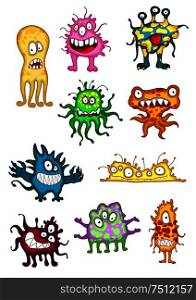 Cute monsters, demons, beasts and mutants in cartoon style, with googly eyes. For Halloween holiday or party design. Cute monsters, demons, beasts and mutants