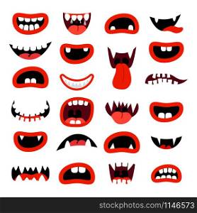 Cute monsters mouth set. Red cartoon mouths with teeth, on white background. Vector illustration. Cute monsters mouth set