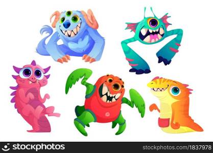 Cute monsters set, cartoon funny characters, aliens, strange animals or Halloween creatures with toothed smiling muzzles, horns, fur and many eyes. Spooky baby mascot personages, Vector illustration. Cute monsters set, cartoon funny vector characters
