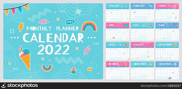 Cute monthly planner with doodles, 2022 calendar template. Kids schedule, school organizer with notes vector, month planning vector templates. Management for education and daily routine. Cute monthly planner with doodles, 2022 calendar template. Kids schedule, school organizer with notes vector, month planning vector templates
