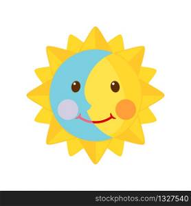 Cute Moon and Sun icon in flat style isolated on white background. Day and night concept. Vector illustration.. Cute Moon and Sun icon in flat style isolated on white background.