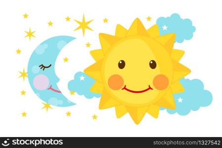 Cute Moon and Sun icons in flat style isolated on white background. Day and night concept. Vector illustration.. Cute Moon and Sun icons in flat style isolated on white background.