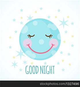 Cute moon with stars in flat style isolated on white background. Good night concept. Vector illustration. Design element for greeting card. poster or banner.. Cute moon with stars in flat style isolated on white background.