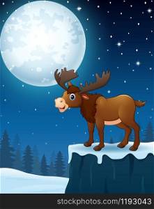 Cute moose cartoon in the winter night background