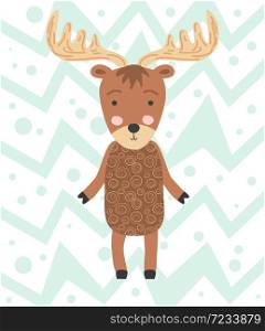 Cute moose flat hand drawn illustration. deer, reindeer. Woodland animal character. Postcard, kids book design element. Cute moose flat. Forest fauna. Zoo mammal. Elk clipart. Postcard, kids book design element