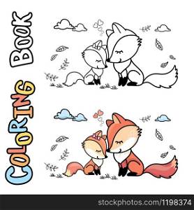 Cute mother fox and child fox,love emotion,cartoon coloring book,vector illustration