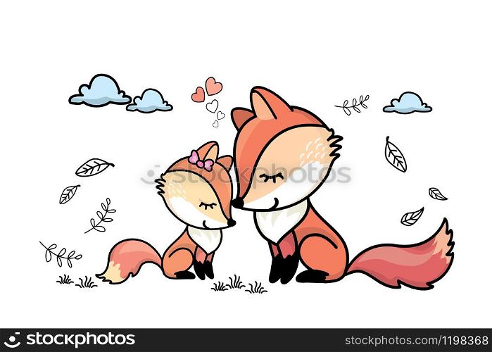 Cute mother fox and child fox,love emotion,cartoonvector illustration