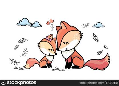Cute mother fox and child fox,love emotion,cartoonvector illustration
