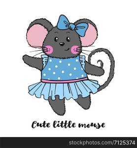 Cute Mouse character in blue dress isolated on white background. Design element for print, poster, t-shirt, nursery. Vector illustration.. Cute vector Mouse character in blue dress.