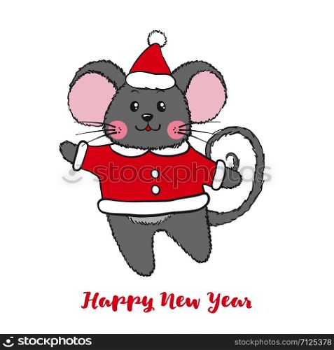 Cute Mouse character in Santa Claus costume with scarf and mittens isolated on white background. Zodiac rat of 2020 chinese year. Vector illustration.. Cute Mouse character in Santa Claus costume.
