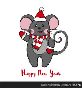 Cute Mouse character in Santa Claus hat with scarf and mittens isolated on white background. Zodiac rat of 2020 chinese year. Vector illustration.. Cute Mouse character in Santa Claus hat.