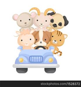 Cute mouse, dog, goat, cat and alpaca travel in car. Graphic element for childrens book, album, scrapbook, postcard or mobile game. Zoo theme. Flat vector illustration isolated on white background.