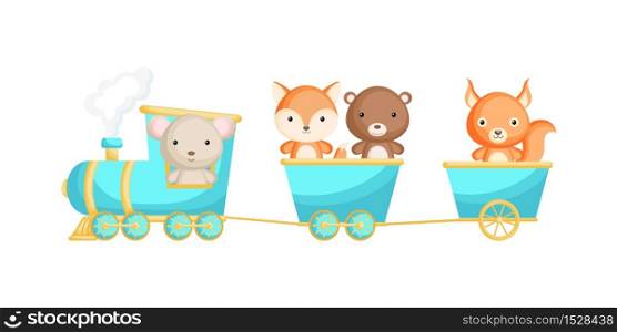Cute mouse, fox, bear and squirrel ride on train. Graphic element for childrens book, album, scrapbook, postcard or mobile game. Zoo theme. Flat vector illustration isolated on white background.