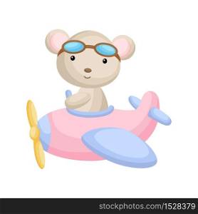 Cute mouse pilot wearing aviator goggles flying an airplane. Graphic element for childrens book, album, scrapbook, postcard, mobile game. Flat vector stock illustration isolated on white background.