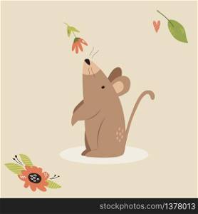 Cute mouse scenting flower. Funny character design. Vector illustration. Cute mouse scenting flower. Funny character design