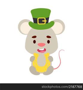 Cute mouse St. Patrick’s Day leprechaun hat holds horseshoe. Irish holiday folklore theme. Cartoon design for cards, decor, shirt, invitation. Vector stock illustration.