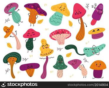 Cute mushrooms characters. Funny cartoon forest fungus, fairytale anthropomorphic natural objects, childish poison vegetable objects, cute autumn colorful funny collection, vector doodle isolated set. Cute mushrooms characters. Funny cartoon forest fungus, fairytale anthropomorphic natural objects, childish vegetable objects, cute autumn funny collection, vector doodle isolated set